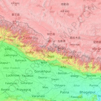 Carte topographique Népal, altitude, relief