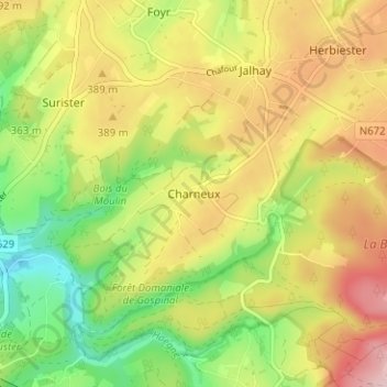 Carte topographique Charneux, altitude, relief