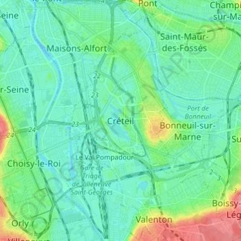 Carte topographique Créteil, altitude, relief