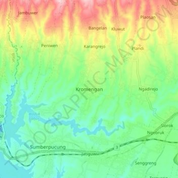 Carte topographique Kromengan, altitude, relief