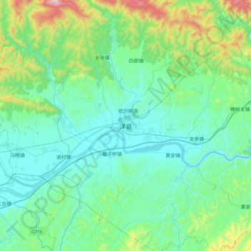 Carte topographique 洋县, altitude, relief