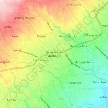 Carte topographique Kecamatan Masbagik, altitude, relief