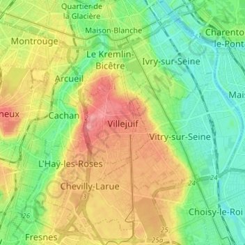 Carte topographique Villejuif, altitude, relief