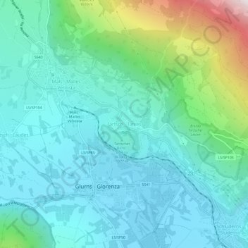 Carte topographique Tartsch - Tarces, altitude, relief