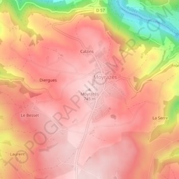 Carte topographique Moyrazès, altitude, relief