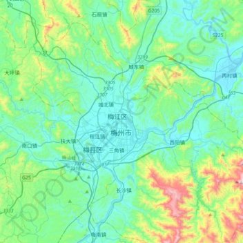 Carte topographique Meizhou, altitude, relief