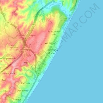 Carte topographique Umhlanga Rocks, altitude, relief