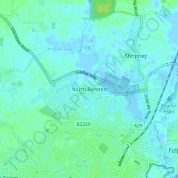 Carte topographique North Bersted, altitude, relief