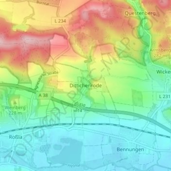Carte topographique Dittichenrode, altitude, relief