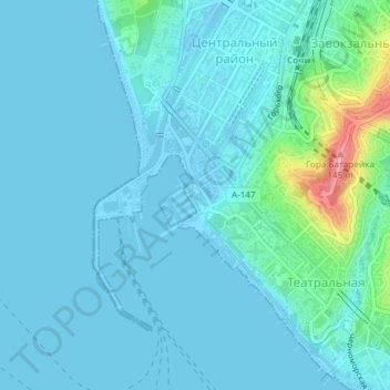 Carte topographique Sochi Seaport, altitude, relief