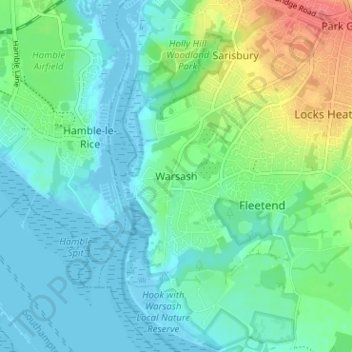 Carte topographique Warsash, altitude, relief