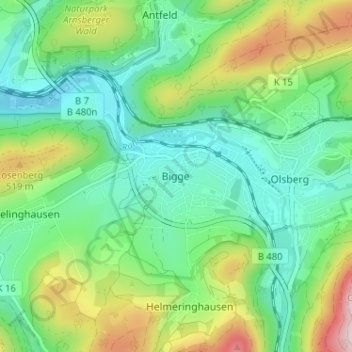 Carte topographique Bigge, altitude, relief