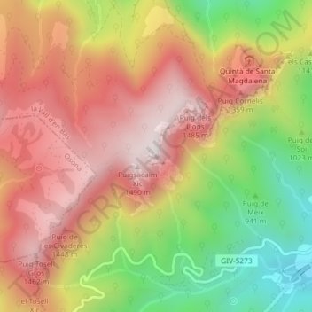Carte topographique Puigsacalm, altitude, relief