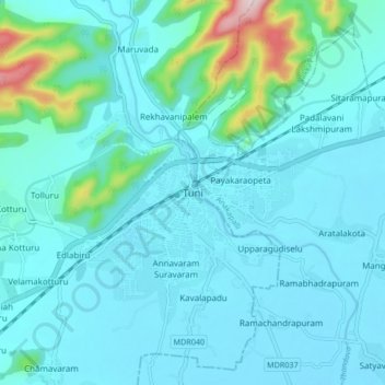 Carte topographique Tuni, altitude, relief