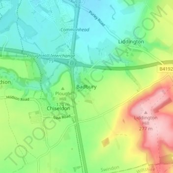 Carte topographique Badbury, altitude, relief