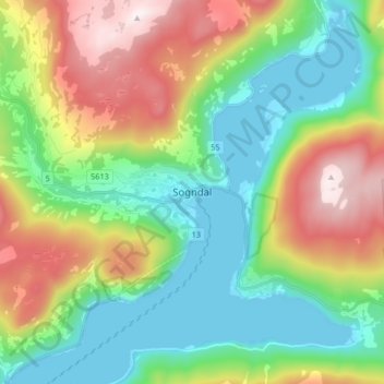 Carte topographique Sogndal, altitude, relief