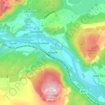 Carte topographique Birnam, altitude, relief