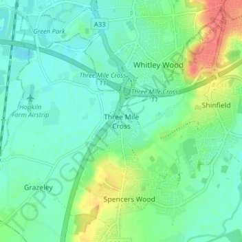 Carte topographique Three Mile Cross, altitude, relief