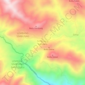 Carte topographique Simbuang Batuallo, altitude, relief