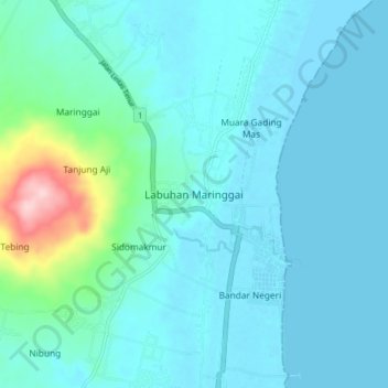 Carte topographique Labuhan Maringgai, altitude, relief