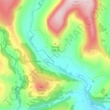Carte topographique Cwmyoy, altitude, relief