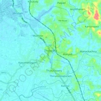 Carte topographique Thiruvalla, altitude, relief
