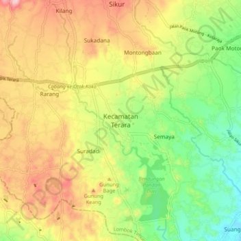 Carte topographique Kecamatan Terara, altitude, relief