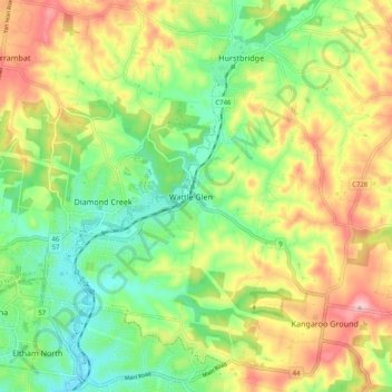 Carte topographique Wattle Glen, altitude, relief