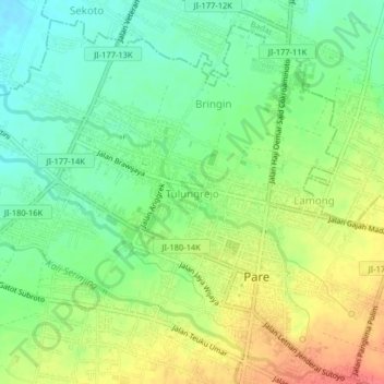 Carte topographique Tulungrejo, altitude, relief