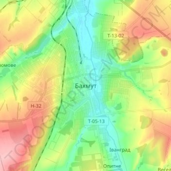 Carte topographique Bakhmut, altitude, relief