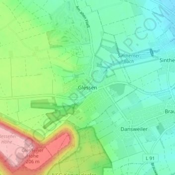 Carte topographique Glessen, altitude, relief