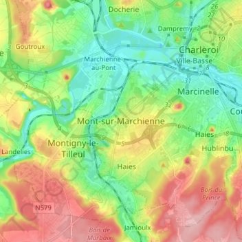 Carte topographique Mont-sur-Marchienne, altitude, relief