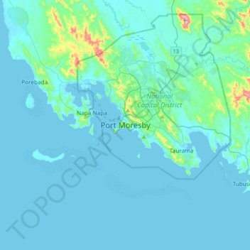 Carte topographique Port Moresby, altitude, relief
