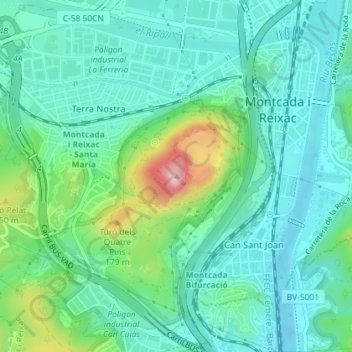 Carte topographique Turó de Montcada, altitude, relief