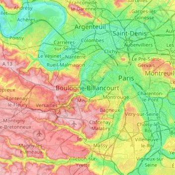 Carte topographique Boulogne-Billancourt, altitude, relief