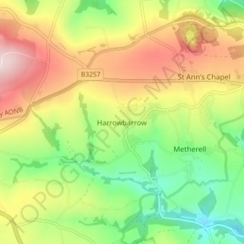 Carte topographique Harrowbarrow, altitude, relief