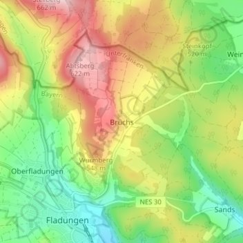 Carte topographique Brüchs, altitude, relief