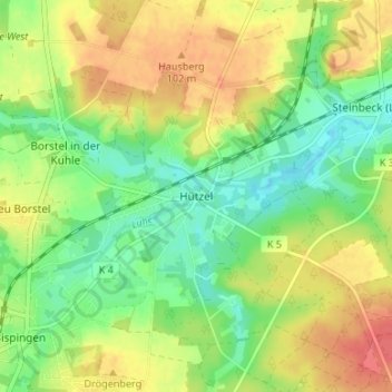 Carte topographique Hützel, altitude, relief