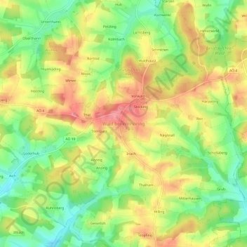 Carte topographique Wald bei Winhöring, altitude, relief