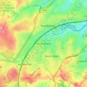 Carte topographique Turves Green, altitude, relief