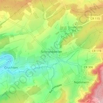 Carte topographique Schrondweiler, altitude, relief