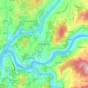 Carte topographique Alpendurada, altitude, relief