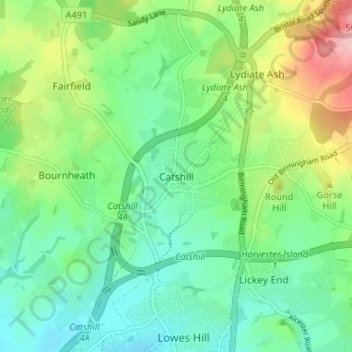 Carte topographique Catshill, altitude, relief