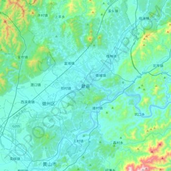 Carte topographique Shexian, altitude, relief