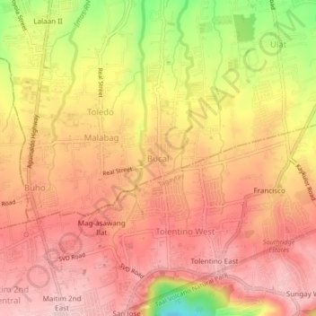 Carte topographique Bucal, altitude, relief