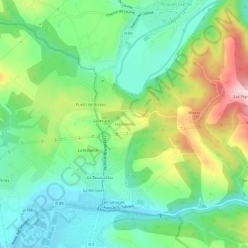 Carte topographique Les Grèzes, altitude, relief