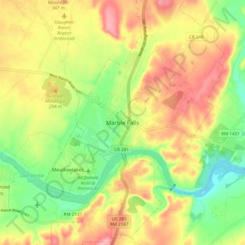 Carte topographique Marble Falls, altitude, relief