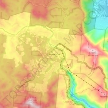 Carte topographique Kuranda, altitude, relief