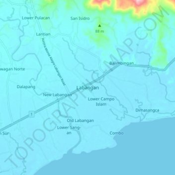 Carte topographique Labangan, altitude, relief