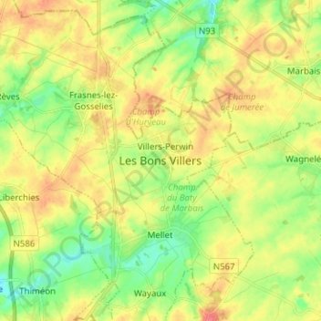 Carte topographique Les Bons Villers, altitude, relief